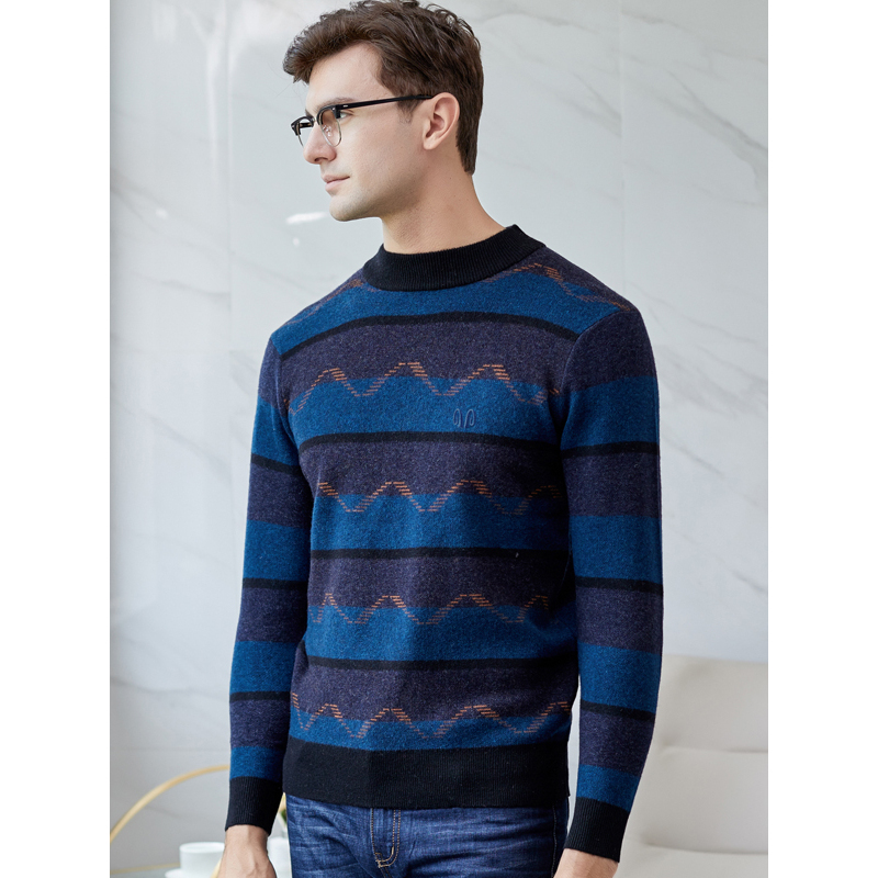 恒源祥男士纯羊毛衫秋冬款圆领中年男士条纹套头保暖针织毛衣