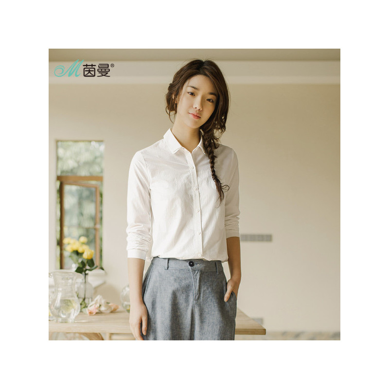 茵曼秋装新款文艺印花百搭长袖衬衫女纯棉白衬衣1871011023