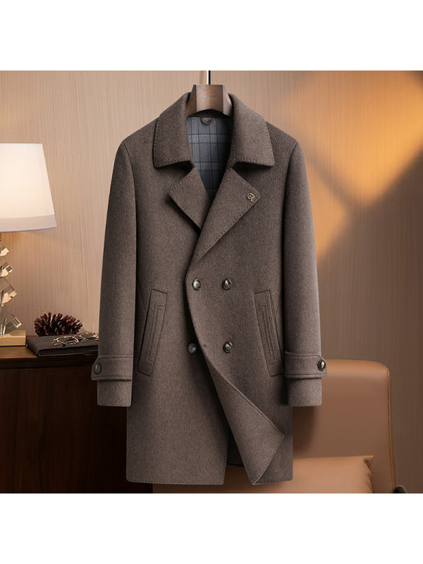 高端含羊绒羊毛双面呢大衣男士秋冬新款脱卸围巾鹅绒马甲羊绒外套