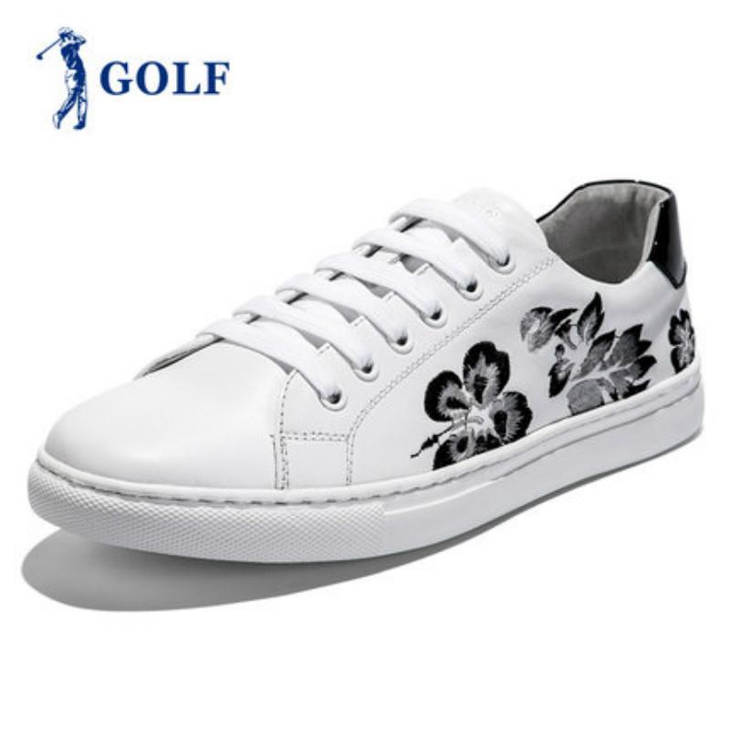 GOLF男鞋板鞋男春季新款简约时尚休闲鞋韩版耐磨系带刺绣真皮鞋子