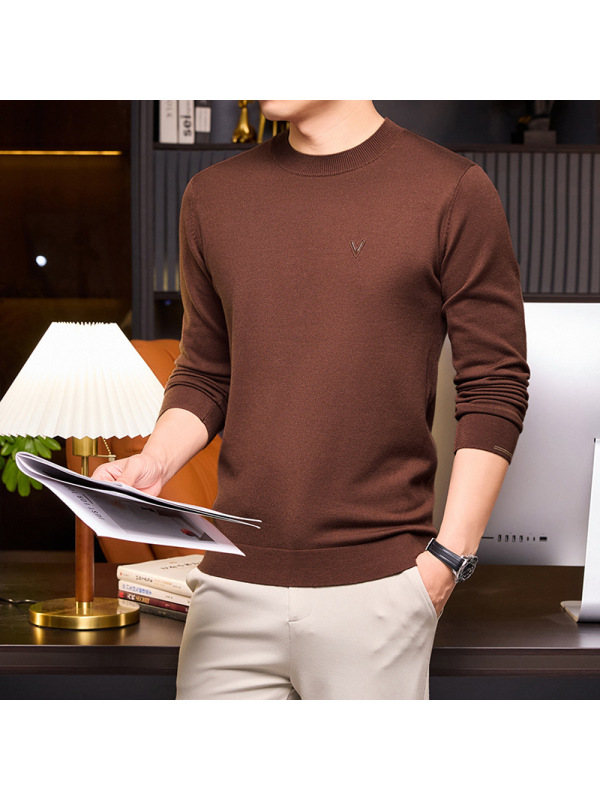 含莱赛尔16针毛衣男秋冬新款圆领休闲嵌花打底男士针织衫