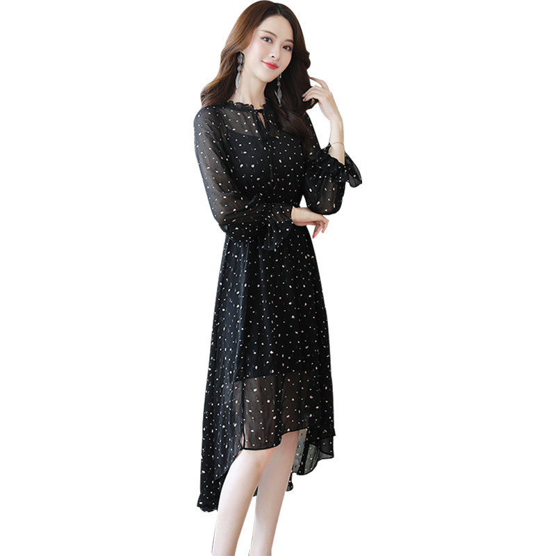 丝柏舍2020年女装秋装拼接波点长袖雪纺印花连衣裙s91r0016l