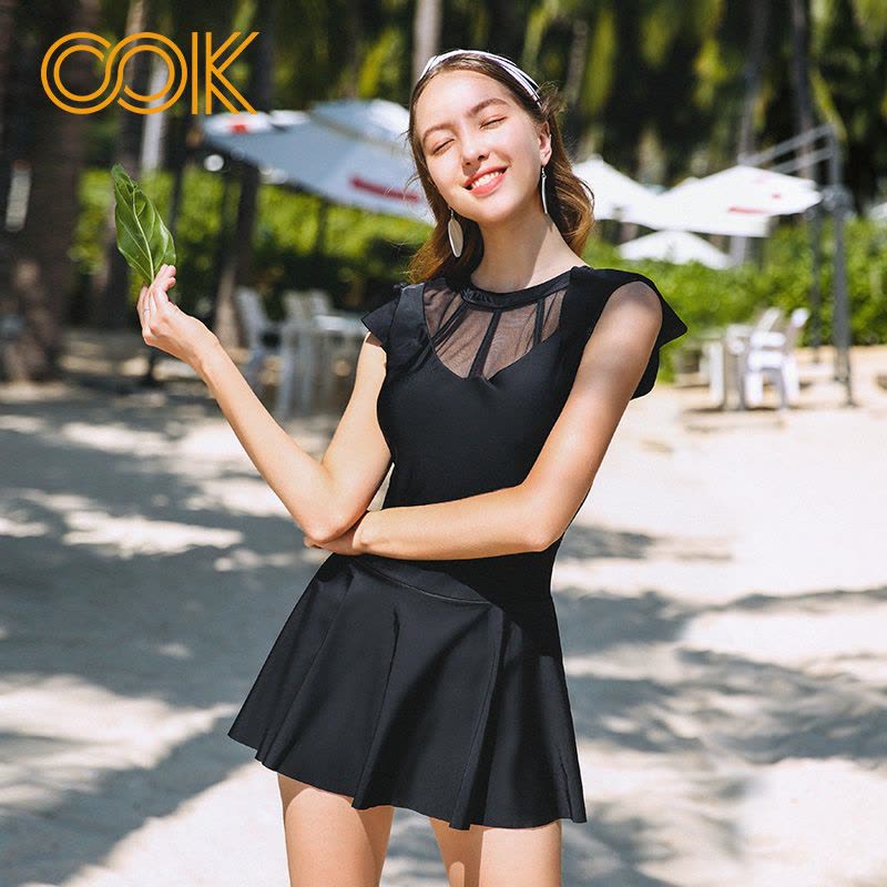 OOK泳衣女裙式连体泳衣镂空美背显瘦黑色连体裙图片