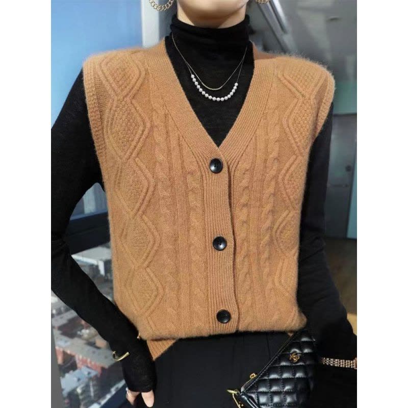 秋冬新款加厚V领菱形仿羊毛马甲女软糯亲肤不扎针织开衫外穿背心图片