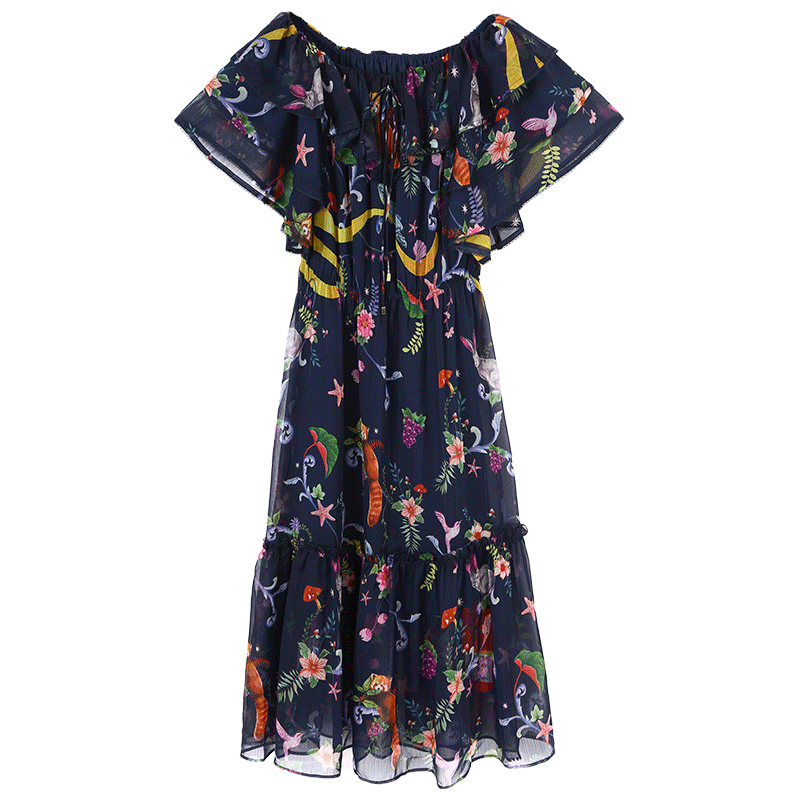 马克华菲女装短袖圆领系带收腰印花百褶连衣裙女2019夏季新款