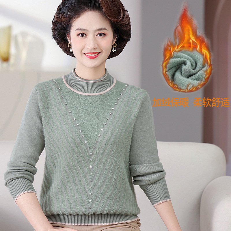 妈妈冬装加厚仿水貂绒毛衣女半高领保暖打底衫中老年时尚宽松上衣