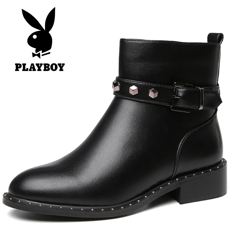PLAYBOY/花花公子秋冬季加绒纯色休闲韩版侧拉链设计圆头粗跟时尚网红瘦瘦短靴女G13699268