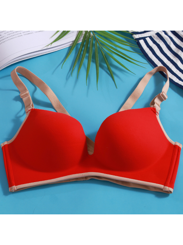 都市丽人新款无痕内衣无钢圈红色性感文胸一片式聚拢调整型拉丝时尚