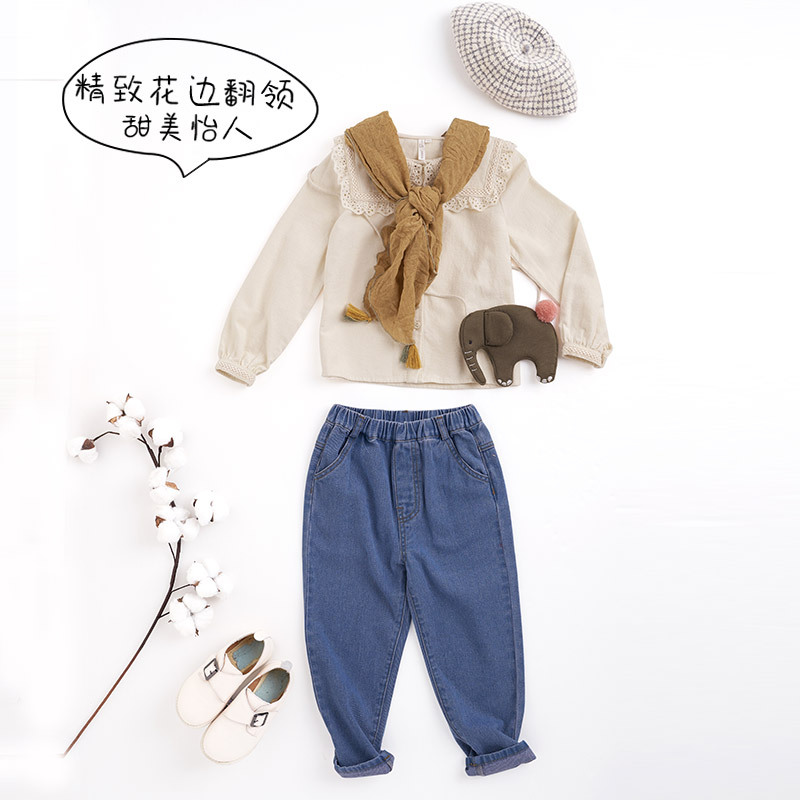 茵曼童装女童长袖衬衫2019秋公主女孩上衣翻领儿童开衫衬衣单排扣