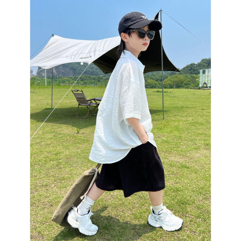 男童夏装套装2025新款大儿童夏季短袖衬衫洋气时髦男孩衣服夏款潮