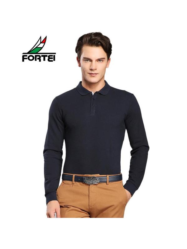 FORTEI富铤长袖T恤男士翻领Polo纯色休闲棉质长袖打底衫