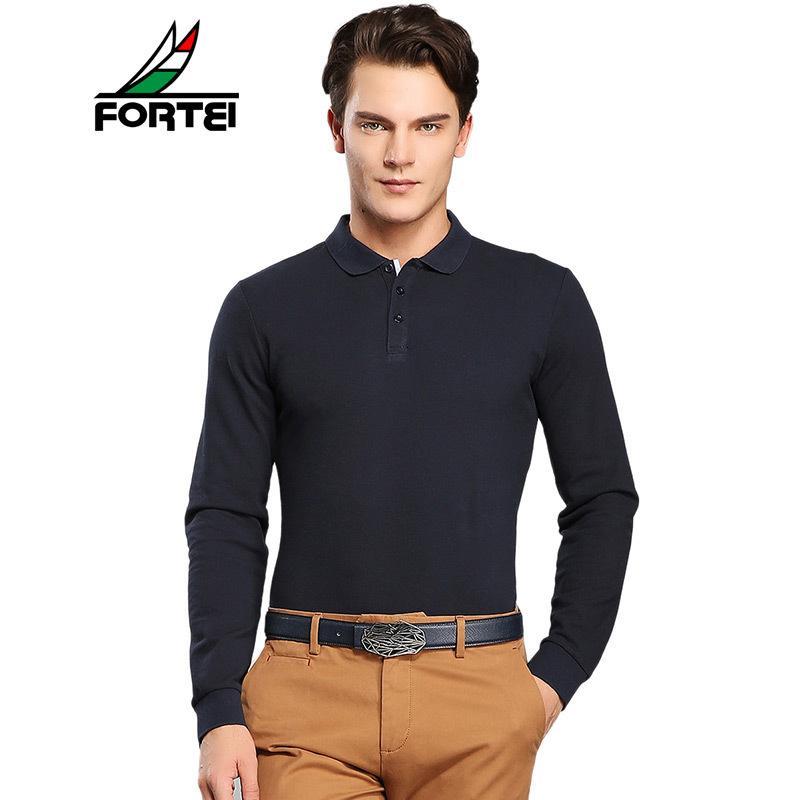 FORTEI富铤长袖T恤男士翻领Polo纯色休闲棉质长袖打底衫