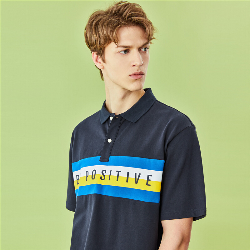 佐丹奴Polo衫男莱卡弹力棉落肩袖宽松拼色印花短袖POLO衫01010386
