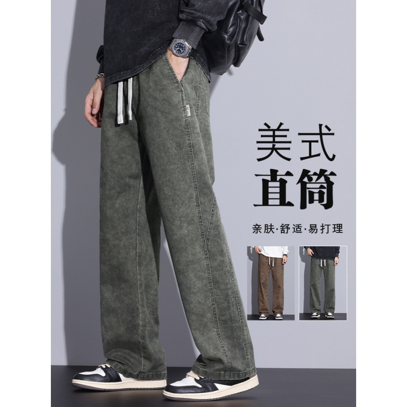 纯棉休闲裤子男士春秋新款潮牌美式运动宽松直筒阔腿工装长裤