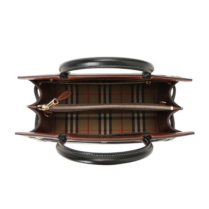 预售 博柏利BURBERRY Title 通勤手拎小号 字母印字标格纹拼皮 女士手提包 8025269金扣图片