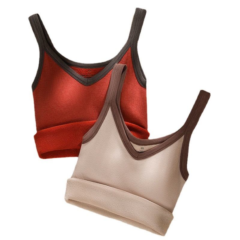 德绒保暖背心女带胸垫发热羊毛V领毛圈加绒撞色秋冬打底马甲图片