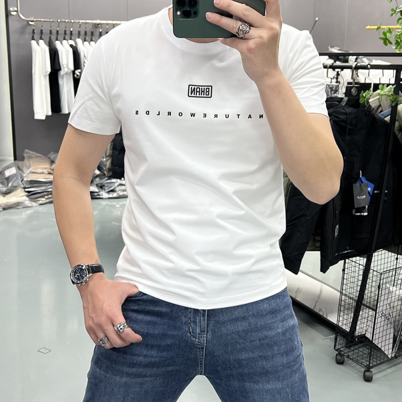 夏季男士圆领丝光棉短袖T恤修身圆领印花字母打底衫新款上衣修身