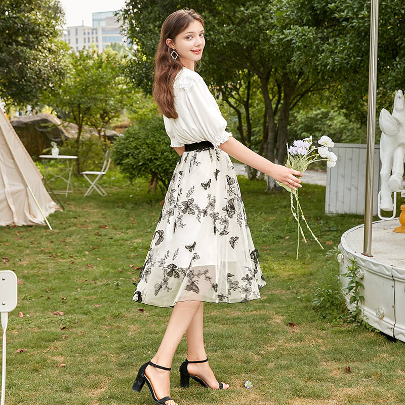 三彩2020夏季新款高腰松紧腰蝶恋花绣花网纱裙仙半身裙