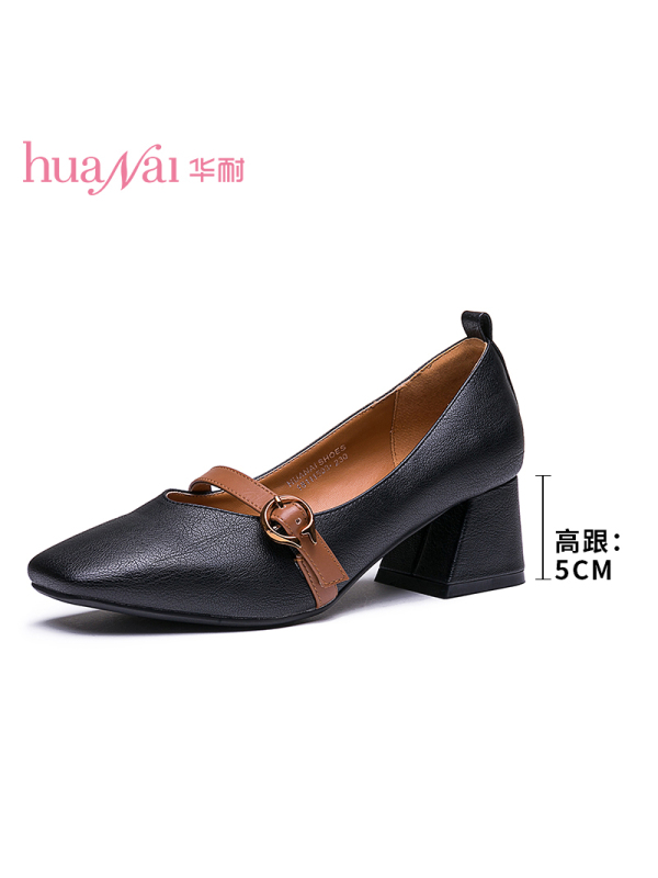 华耐2019春季新款黑色百搭一字扣复古奶奶鞋女方头粗跟中跟单鞋女 黑色 36码