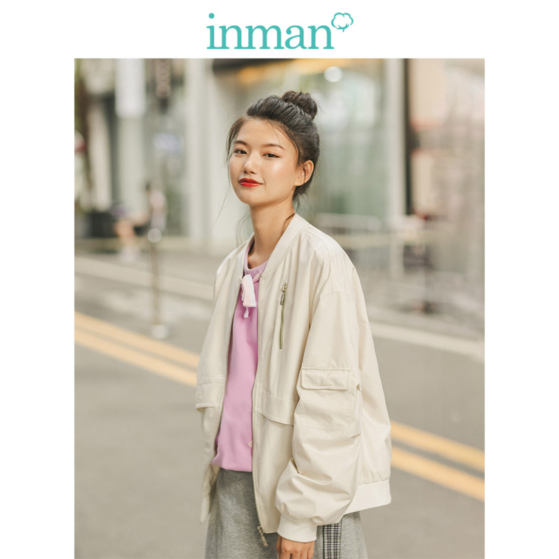 茵曼短外套2019秋装新款简约棒球服宽松个性百搭字母刺绣上衣女
