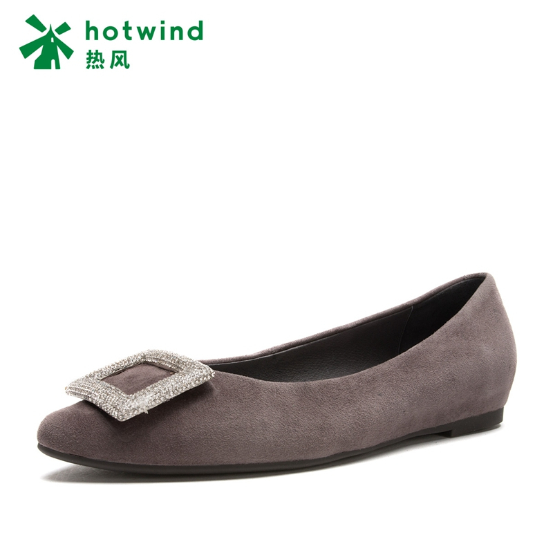 热风hotwind新款浅口单鞋女平底 尖头女士方扣套脚平底鞋H01W7301