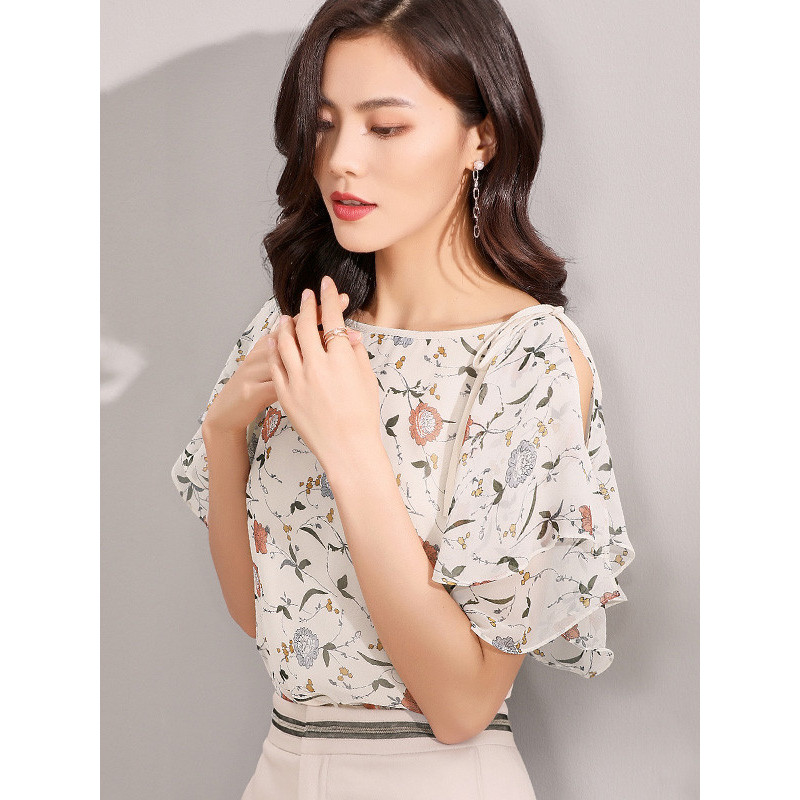 欧昵雪夏碎花雪纺衫女荷叶袖圆领短袖花色宽松雪纺上衣x视频