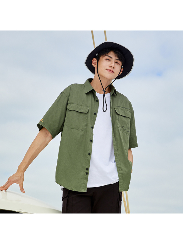 满198减100预估价54森马短袖衬衫男2021夏季新款宽松工装风衬衣男士