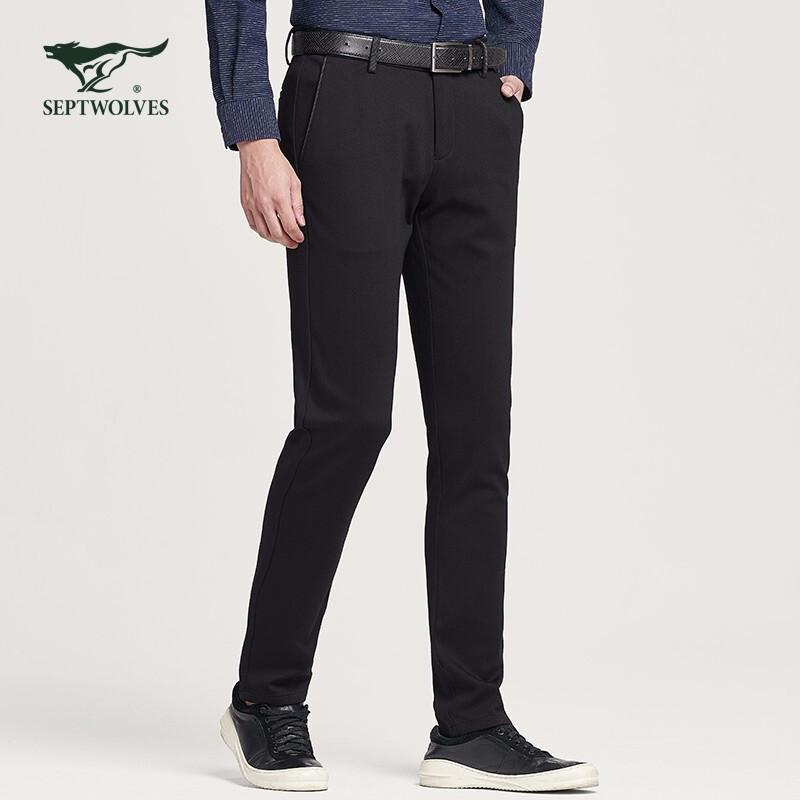七匹狼休闲裤男士时尚商务修身微弹透气针织长裤001黑色