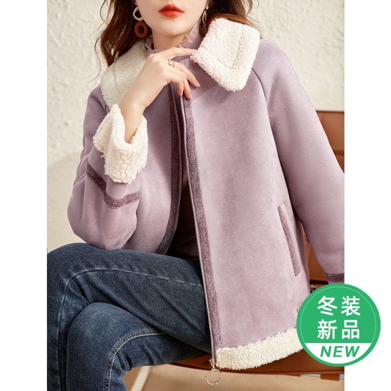 OUNIXUE欧昵雪 | [保暖羊羔毛上衣]冬季气质翻领加厚仿麂皮宽松斜插袋外套女