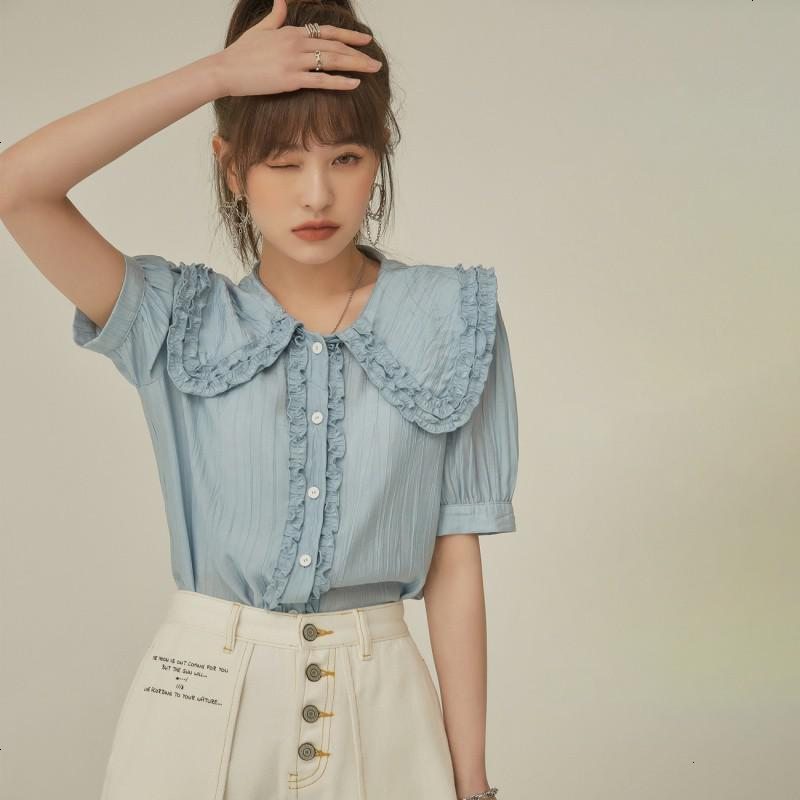 OtherMix木耳边娃娃领雪纺衫2021年夏季新款泡泡袖开衫短袖女上衣