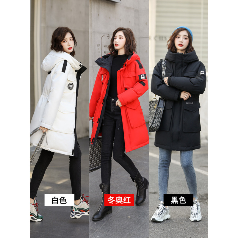 高梵工装羽绒服女中长款2020新款连帽白鸭绒冬季宽松收腰款外套