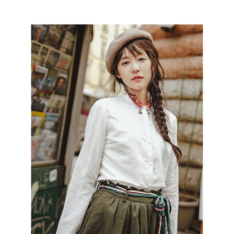 茵曼 2018秋装新款 翻领绣花休闲简约宽松亚麻衬衫女长袖纯色衬衣