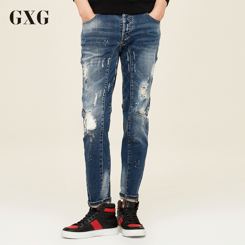 GXG牛仔裤男装春季男士时尚潮流蓝色牛仔裤潮男青年磨白破洞牛仔