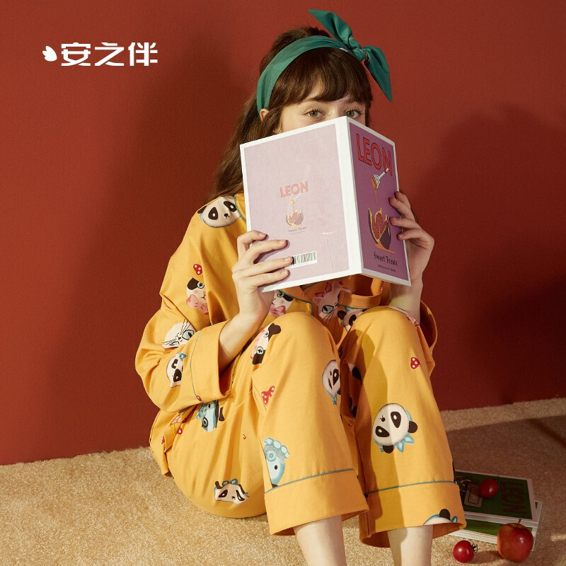 安之伴睡衣女秋季少女家居服纯棉舒适双面针织学生印花国民领长袖女套装