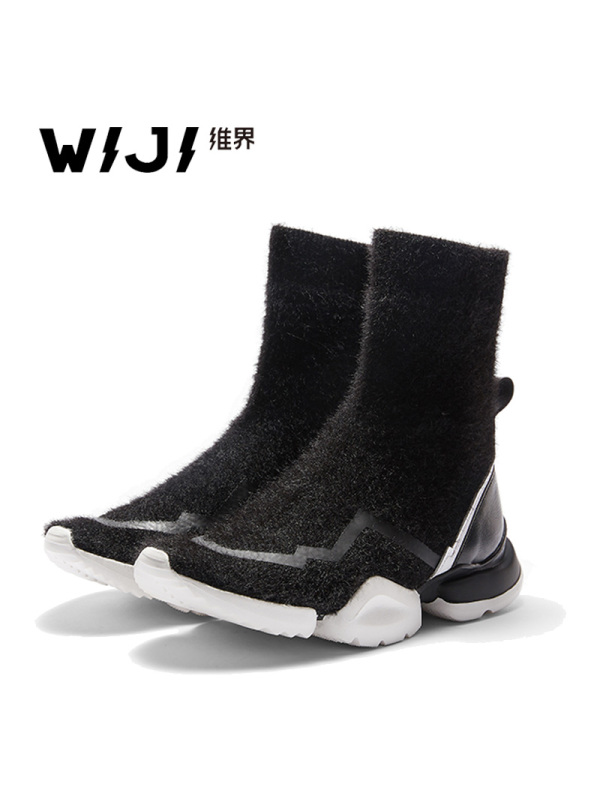 WIJI冬季新款欧美飞织超纤维鞋时尚个性休闲舒适厚底新潮高邦女鞋