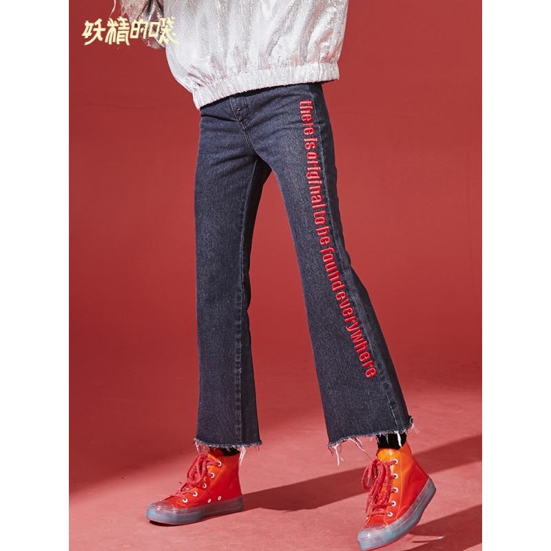 妖精的口袋Y秋装直筒裤怪味少女裤子宽松刺绣牛仔裤女潮J_1