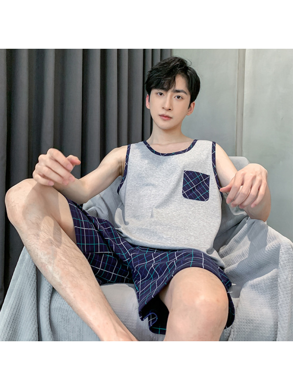 睡衣男夏季棉质背心短裤薄款无袖男士大码可外穿青少年家居服套装