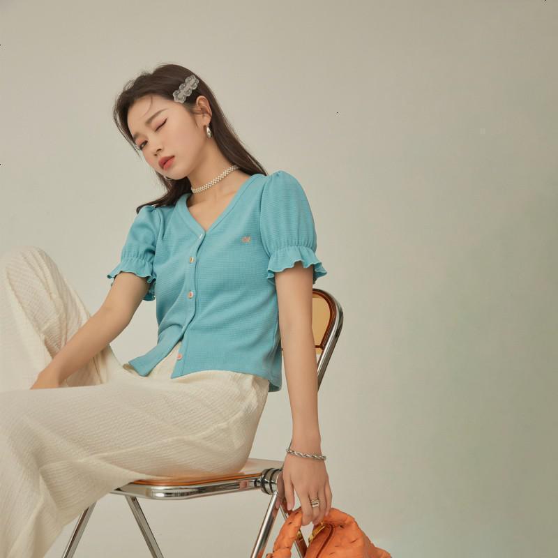 OtherMix针织刺绣开衫T恤2021年夏季新款v领修身泡泡袖短款女上衣