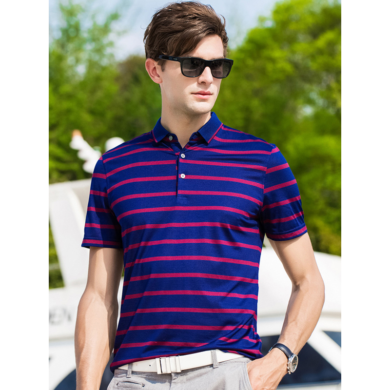 雅鹿男士2019新款夏季含桑蚕丝短袖t恤男中年翻领半袖体恤