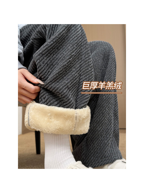 灰色毛呢裤女秋冬季加绒灯芯绒直筒小个子加厚羊羔绒阔腿裤子