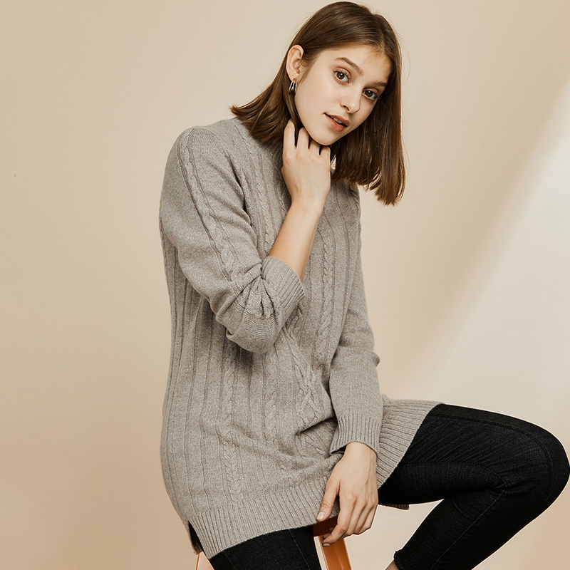 恒源祥复古绞花羊毛衫女2019秋冬亮丝中长款厚毛衣前短后长针织衫