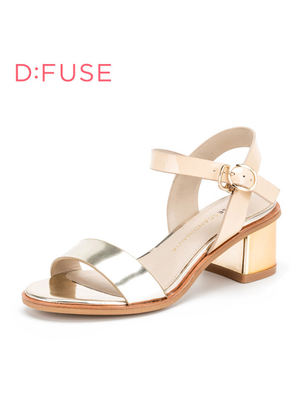 D：Fuse/迪芙斯牛漆皮露趾粗跟色拼接舒适女鞋凉鞋DF62111103
