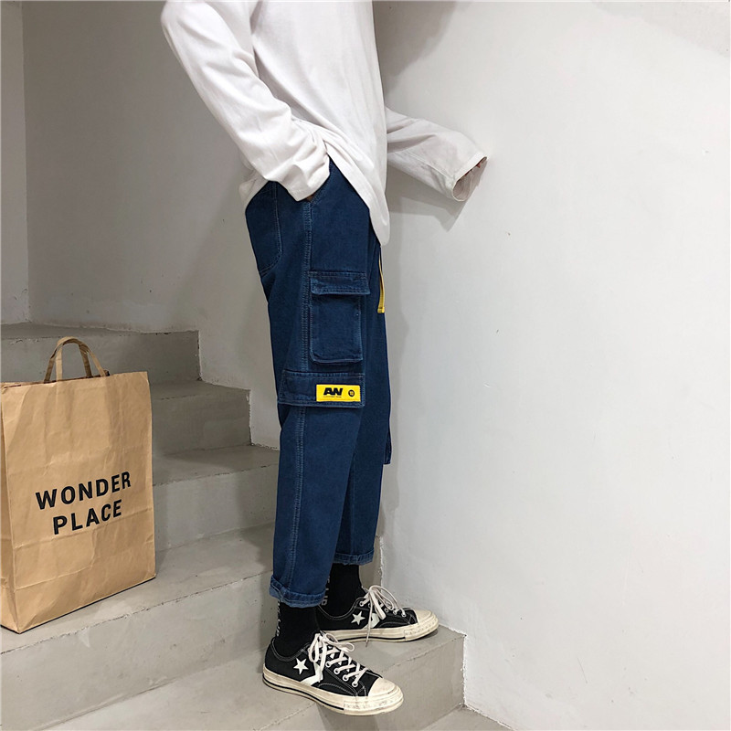 秀衣记早秋男士工装裤牛仔多口袋九分裤直筒