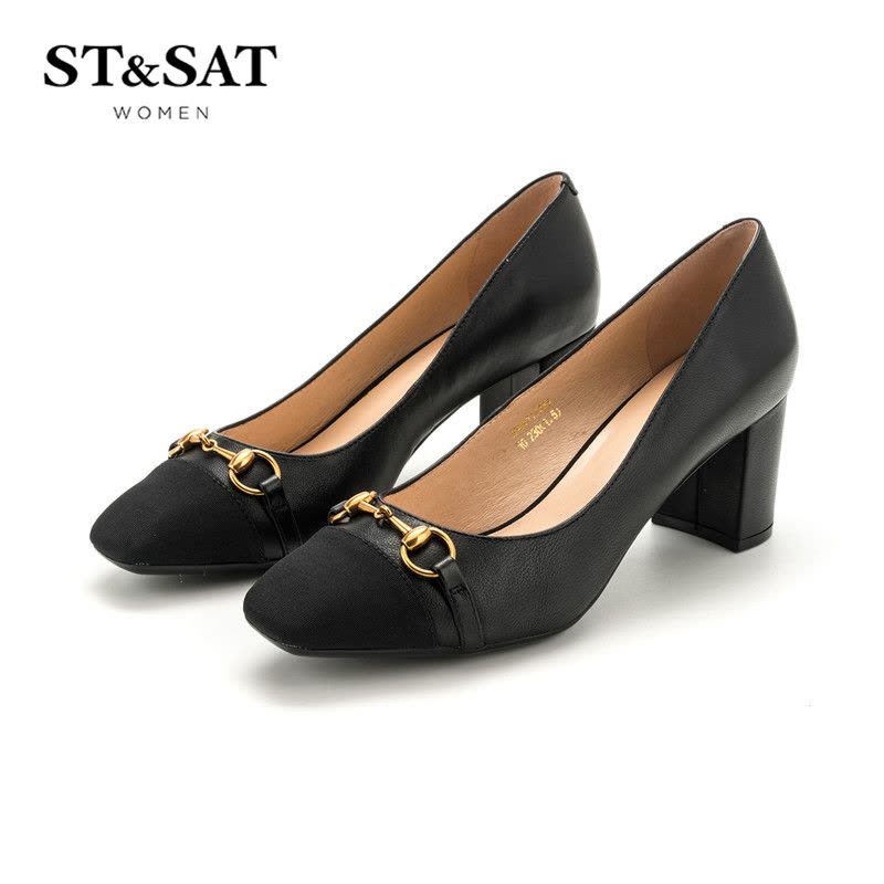 St&Sat/星期六春新商场同款方头粗高跟拼接女单鞋SS81111246图片