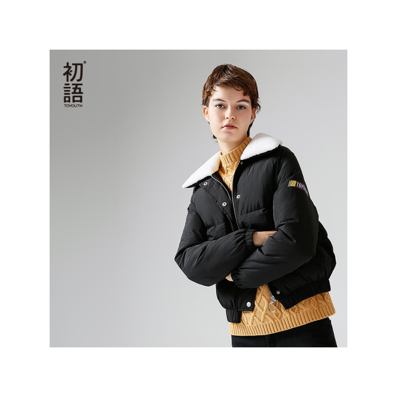 初语羊绒大翻领印花修身加厚棉衣女短款时尚保暖棉服