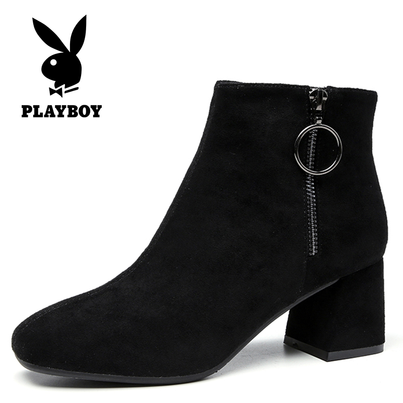 PLAYBOY/花花公子冬季加绒休闲简约纯色侧拉链设计圆头粗跟时尚高跟短靴女G12999240