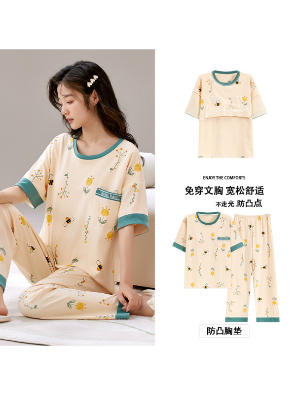 睡衣女夏季一体式带胸垫棉质短袖套装可爱休闲家居服加大码可外穿