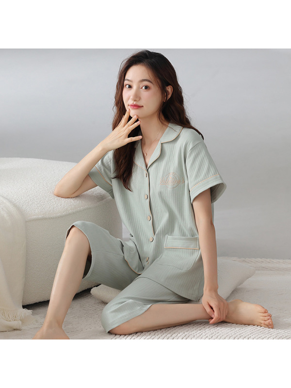 睡衣女夏季短袖七分裤开衫棉质翻领宽松大码休闲家居服套装可外穿