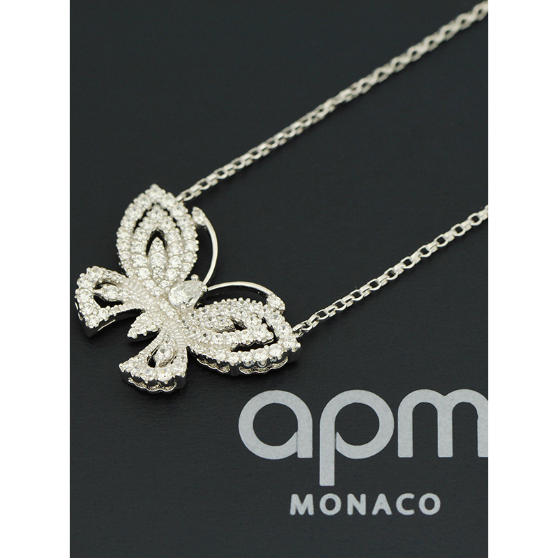 apm MONACO蝴蝶925银项链时尚高贵镶晶钻锁骨颈链女士百搭毛衣链奢华贵族AC4070OX