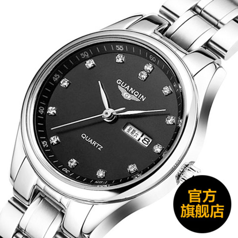 冠琴(GUANQIN)防水石英表潮流钢带双日历高品质男士手表正品商务腕表